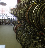 Rows of bicycles on display in bicycle shop