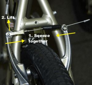 Rollover image showing closed v-brake with instructions, opposite a released v-brake