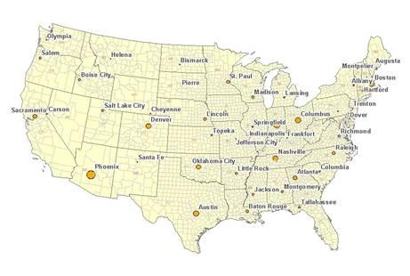 This is a map of the contiguous United States showing the Capital cities of 