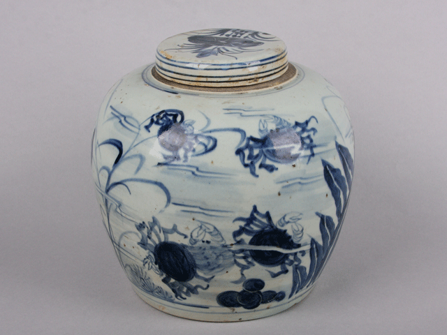 Blue and white ginger jar with lid