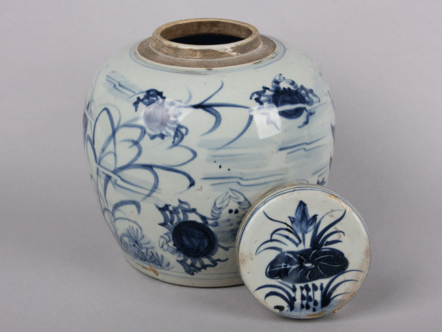 Blue and white ginger jar with lid removed