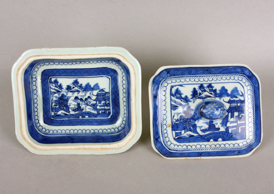 Blue and white ware serving dish and lid