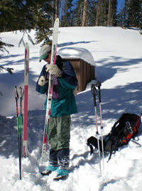 I am applying wax on my XC skkis at the Flat Mountain Yurt, located at 11,000 feet elevation