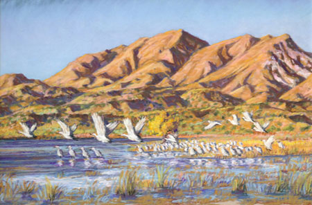 Cranes Taking Flight Under Chupadura Peak pastel by Jeff Potter AVAILABLE