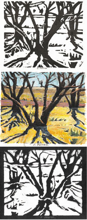 Tres Arboles lino print / oil pastel by Jeff Potter AVAILABLE 