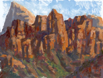 Looking up West Kolub at Zion NP oil monotype by Jeff Potter SOLD