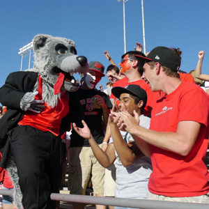 Lobo Louie mingles with the student section at last year’s Homecoming football game. 