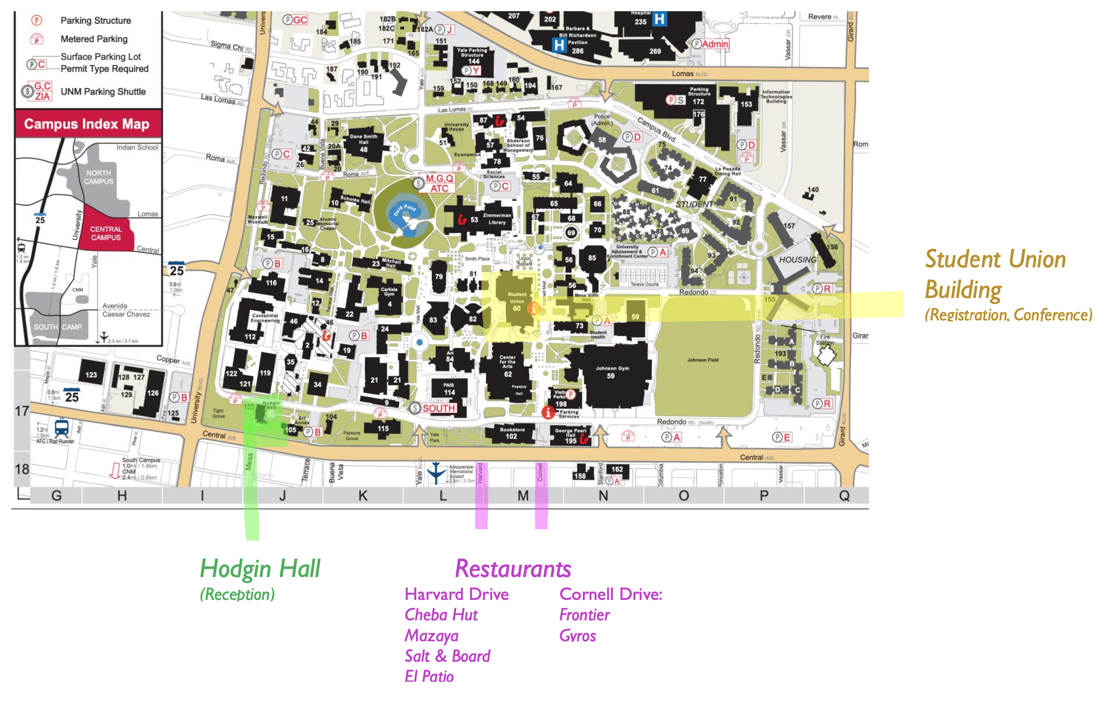 Map of UNM Campus with SUB, Hodgin Hall, and nearby restaurants highlighted.