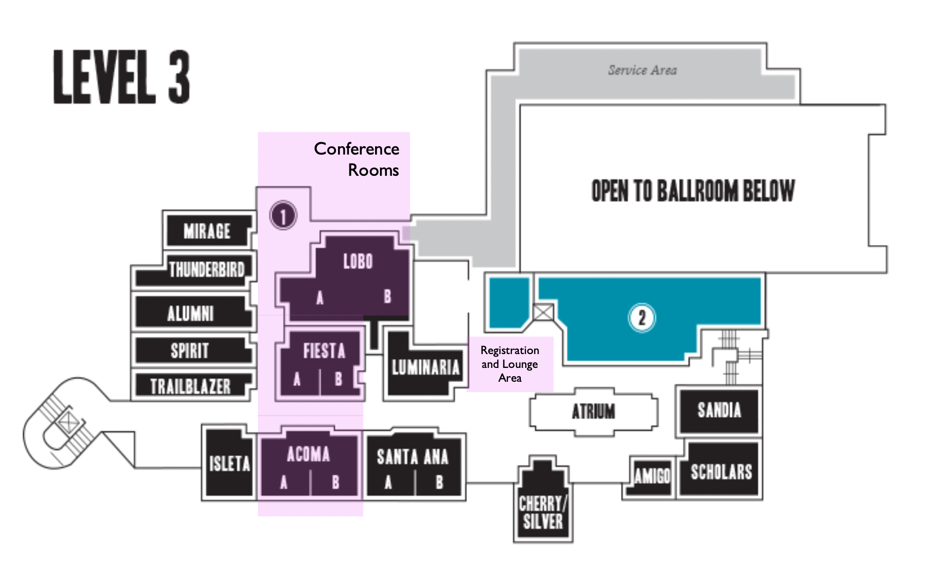 Floor plan of the SUB (3F) with conference rooms highlighted.