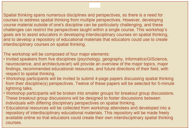 Close

Spatial thinking spans numerous disciplines and perspectives, so there is a need for courses to address spatial thinking from multiple perspectives. However, developing course material outside of one's discipline can be particularly challenging, and these challenges can restrict the perspectives taught within a single course. This workshop’s goals are to assist educators in developing interdisciplinary courses on spatial thinking, and to develop a repository of educational materials that educators could use to create interdisciplinary courses on spatial thinking.

The workshop will be composed of four major elements:
Invited speakers from five disciplines (psychology, geography, informatics/GIScience, 
  neuroscience, and architecture/art) will provide an overview of the major topics, major 
  findings, recommended educational resources, and future directions of their field, with 
  respect to spatial thinking.
Workshop participants will be invited to submit 4-page papers discussing spatial thinking 
  from their discipline(s) perspectives. Twelve of these papers will be selected for 5-minute 
  lightning talks.
Workshop participants will be broken into smaller groups for breakout group discussions. 
  These breakout group discussions will be designed to foster discussions between 
  individuals with differing disciplinary perspectives on spatial thinking. 
Educational resources will be collected from workshop attendees and developed into a 
  repository of interdisciplinary educational materials. This repository will be made freely 
  available online so that educators could create their own interdisciplinary spatial thinking 
  courses.
