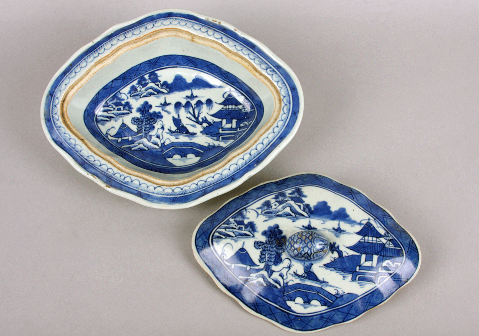 Blue and white ware serving dish and lid
